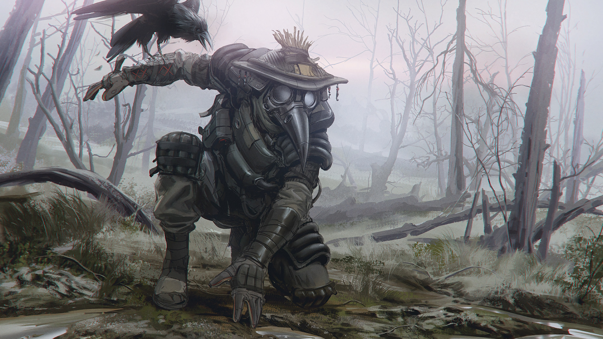 Bloodhound (Apex Legends) in a misty forest with a raven HD Wallpaper