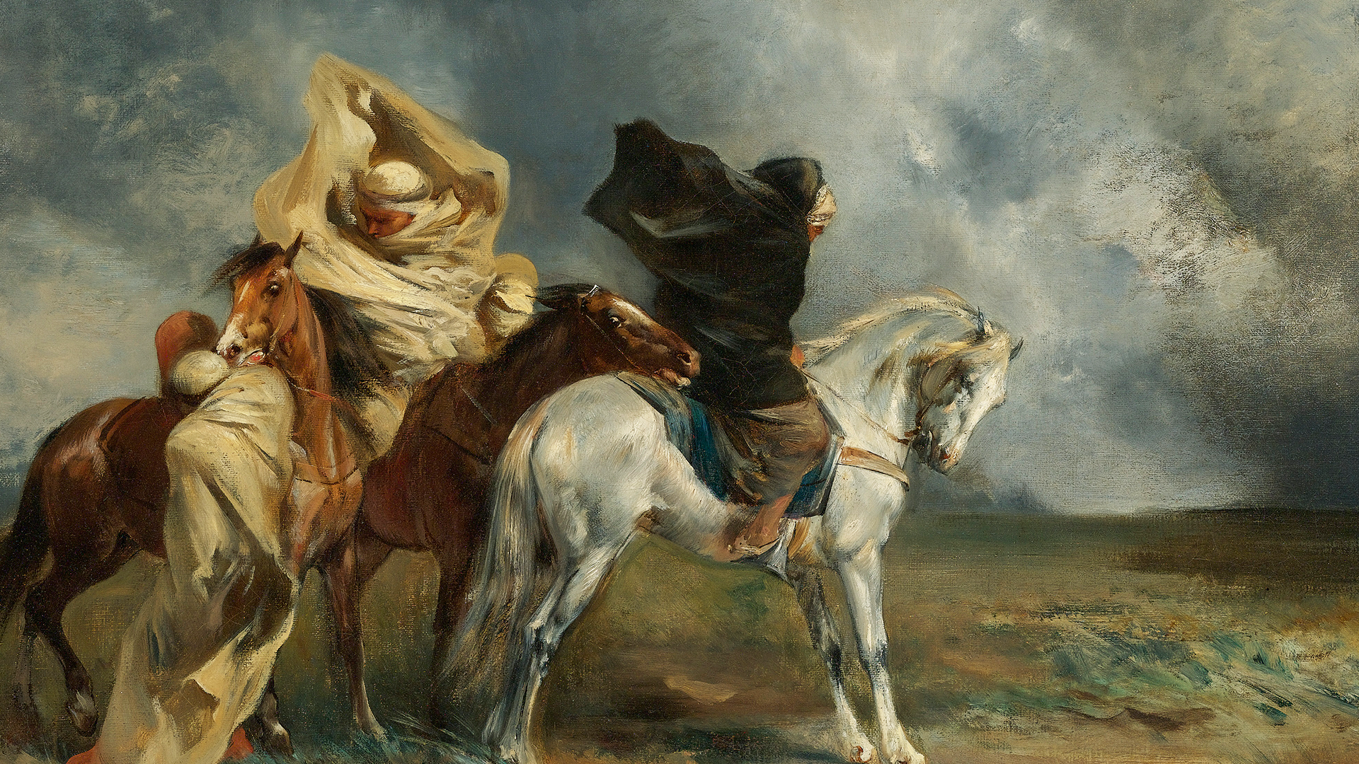 Painting of horses and riders in a storm HD Wallpaper