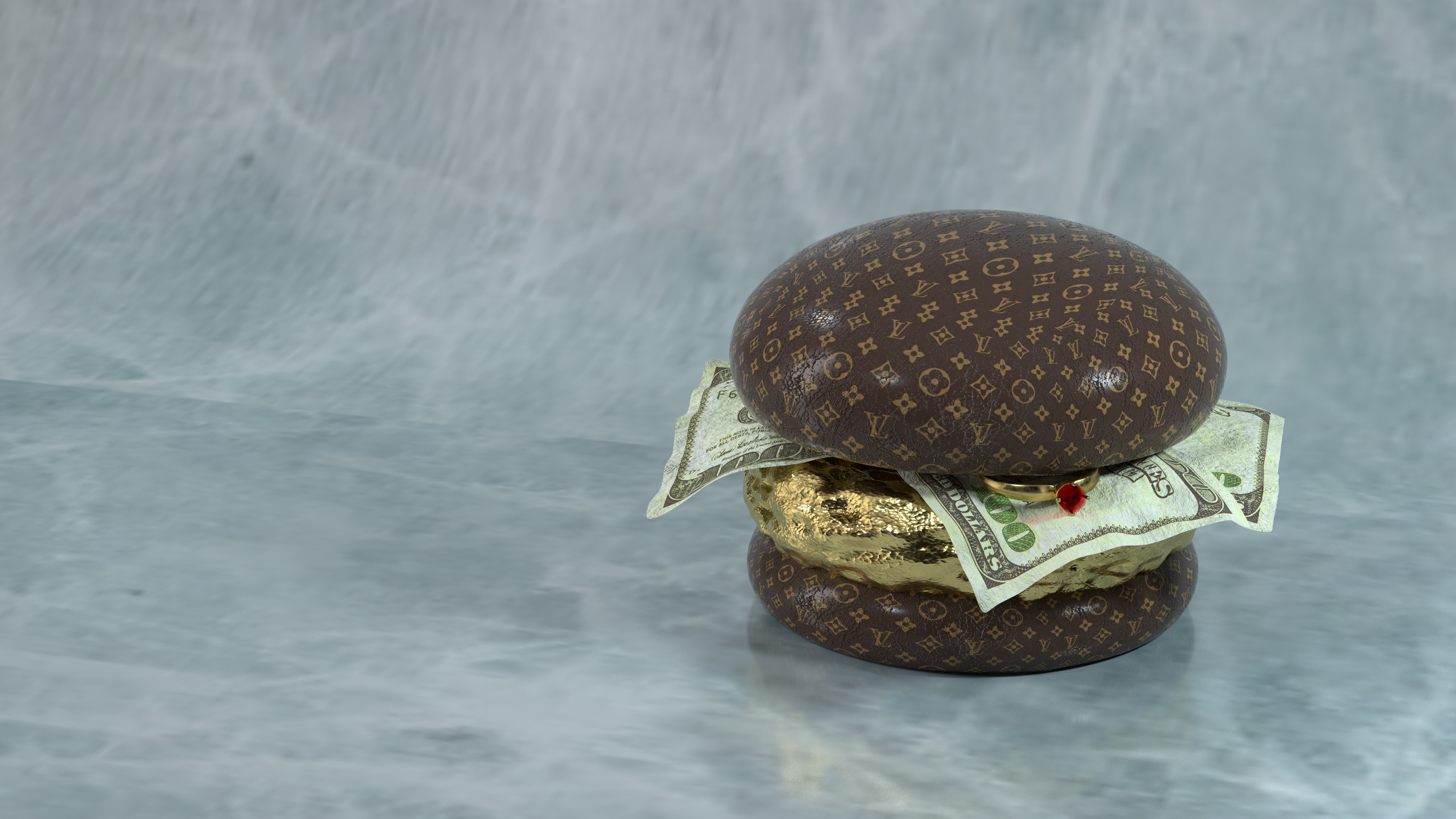 Burger with gold nugget, money, and ring on Louis Vuitton bun HD Wallpaper