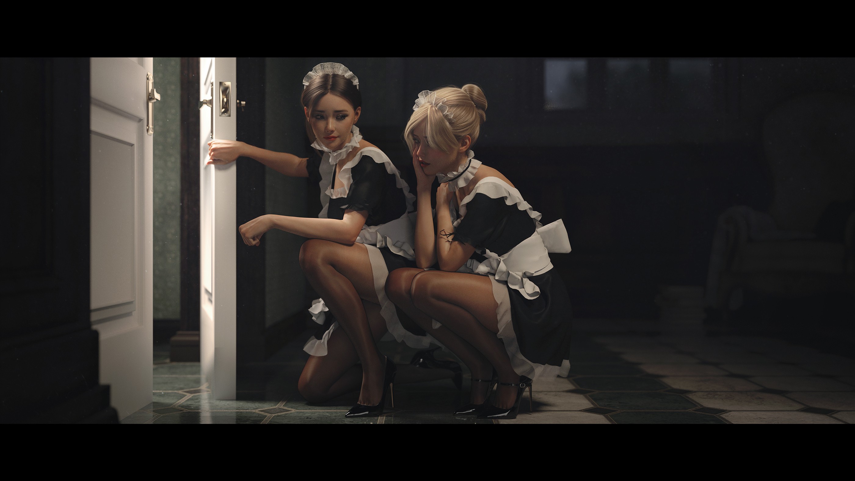 Two women in maid outfits squatting by a door HD Wallpaper