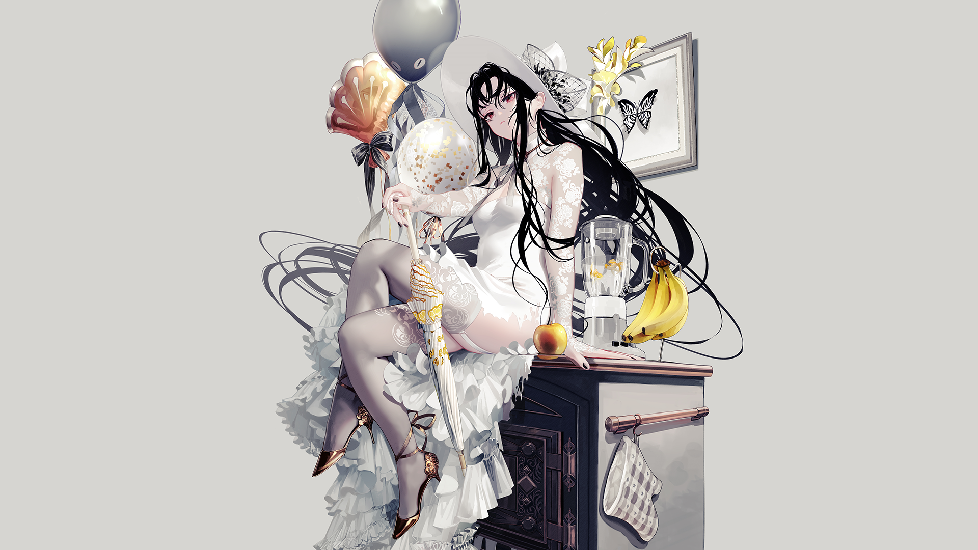 Ukai Saki in a white dress with balloons and an umbrella HD Wallpaper