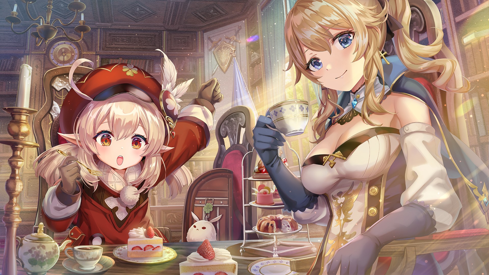 Klee and Jean from Genshin Impact having tea HD Wallpaper