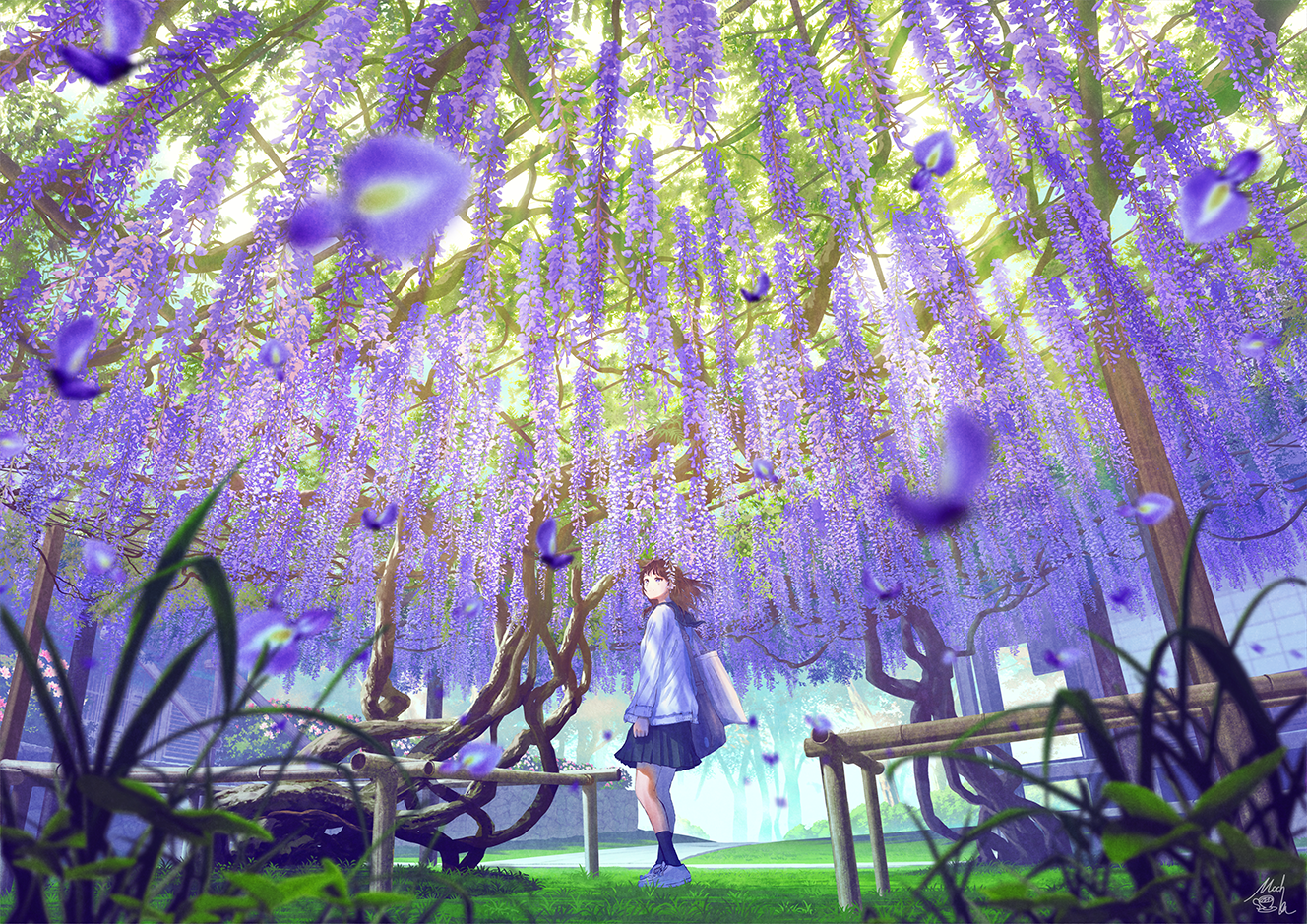 Anime girl in school uniform under wisteria flowers HD Wallpaper