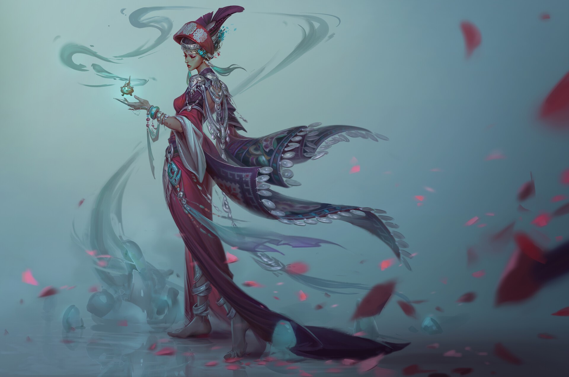 Fantasy girl with magic artifact and flowing robes HD Wallpaper