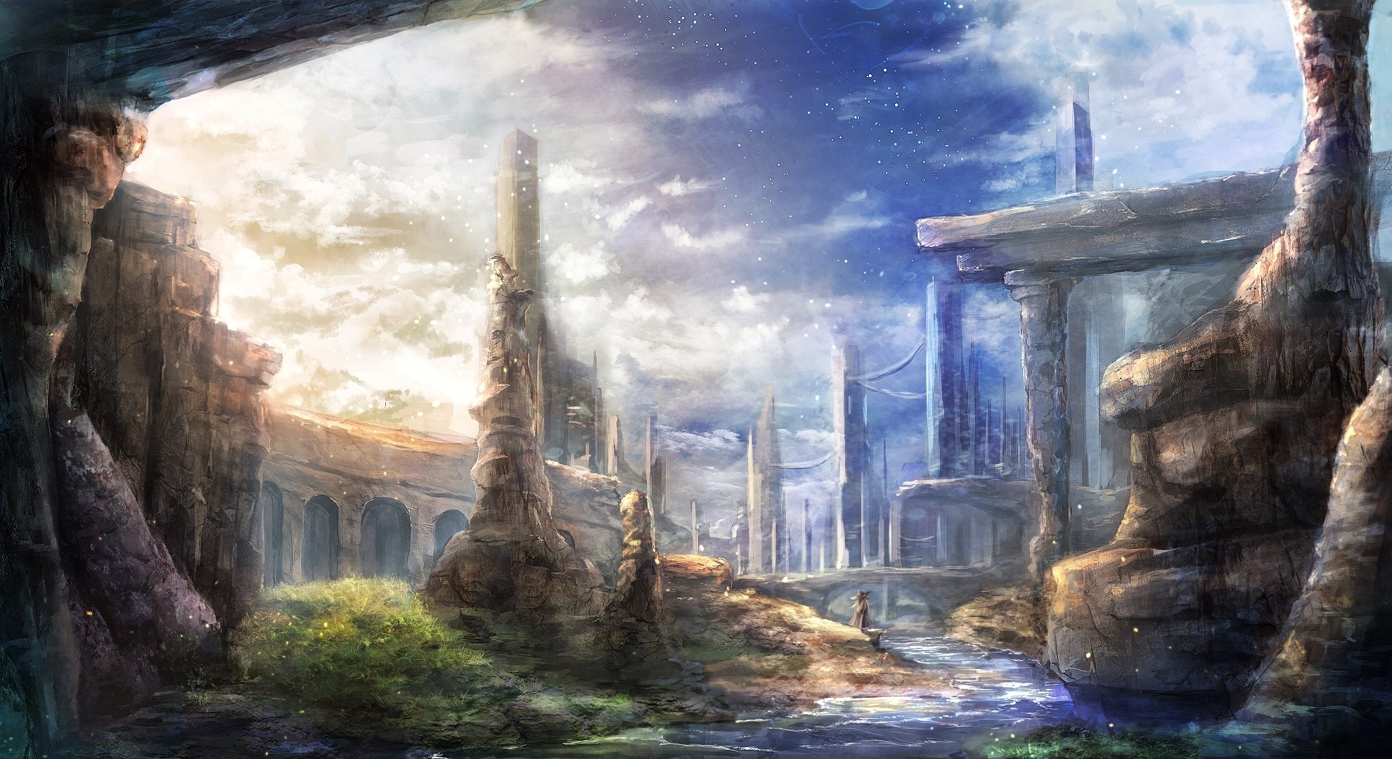 Ancient ruins with a river and a lone figure HD Wallpaper