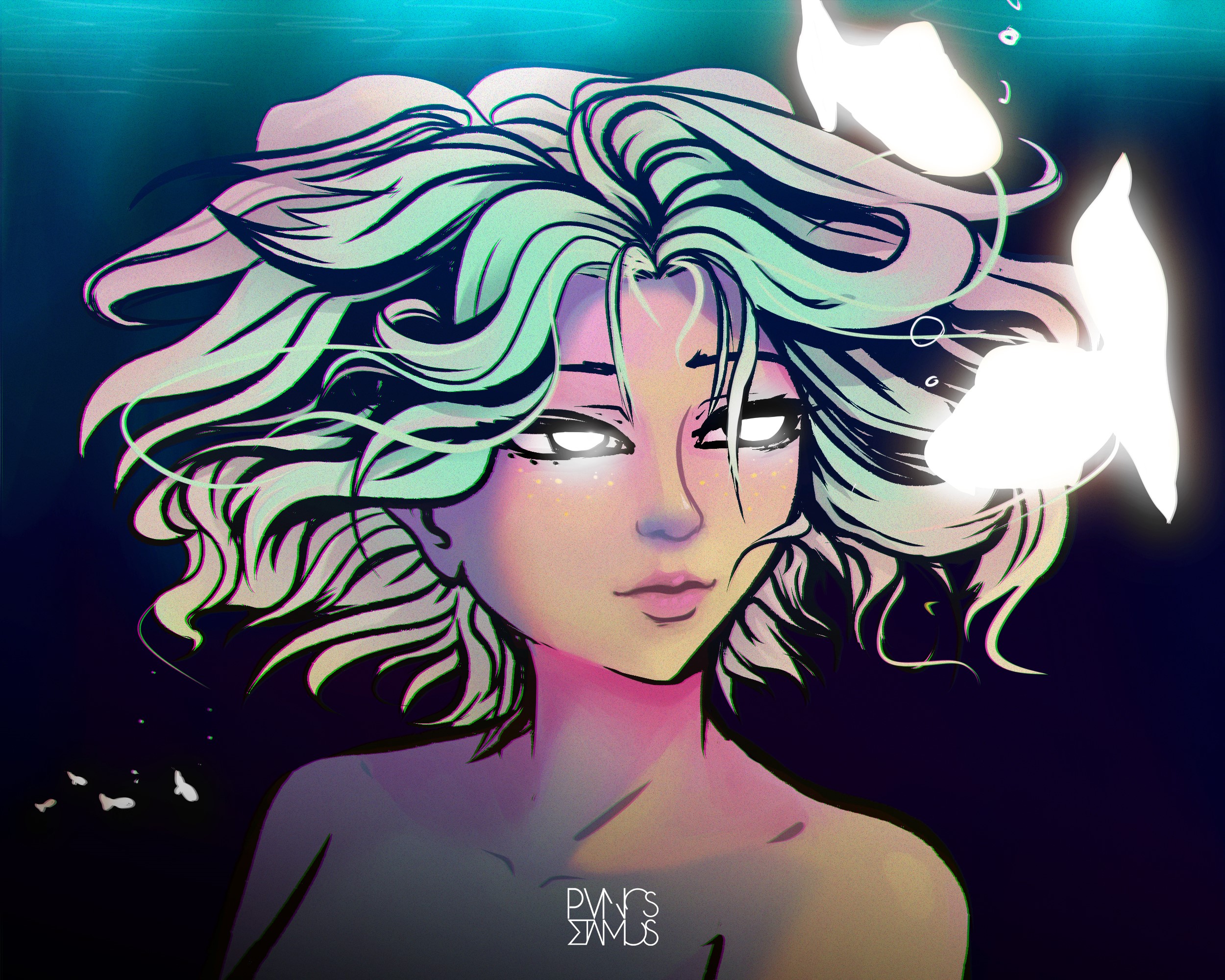 Fantasy illustration of a woman with glowing white eyes underwater HD Wallpaper