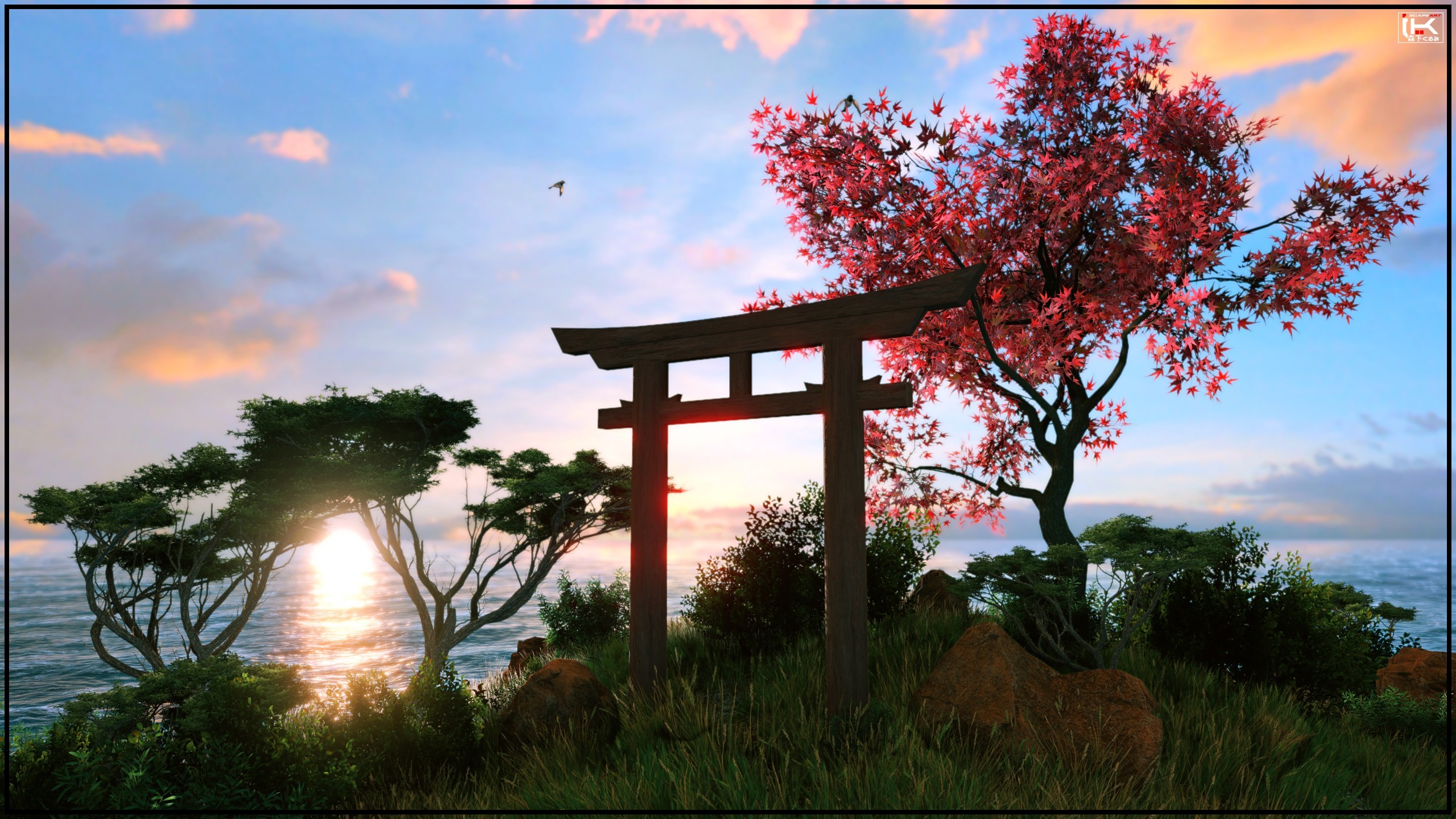 Torii gate and sakura tree on an island at sunset HD Wallpaper