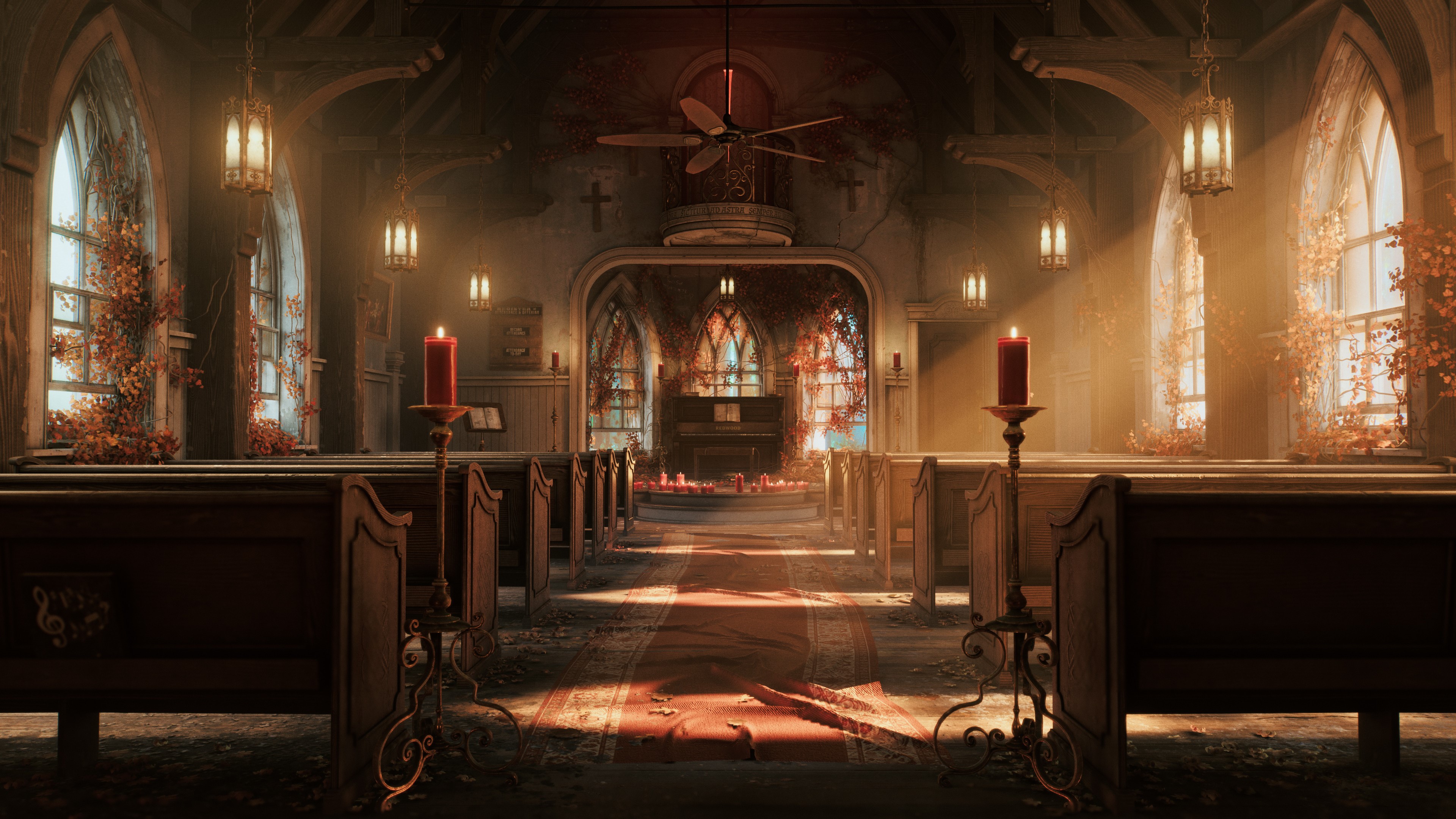 Abandoned church interior with sun rays and candles HD Wallpaper