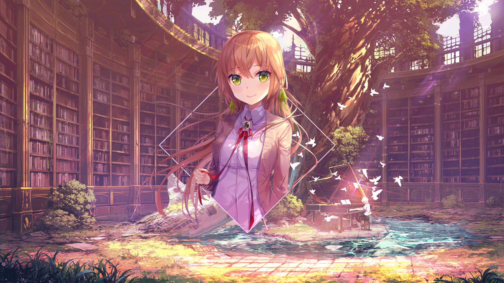 Anime girl with green eyes in a library with a piano HD Wallpaper
