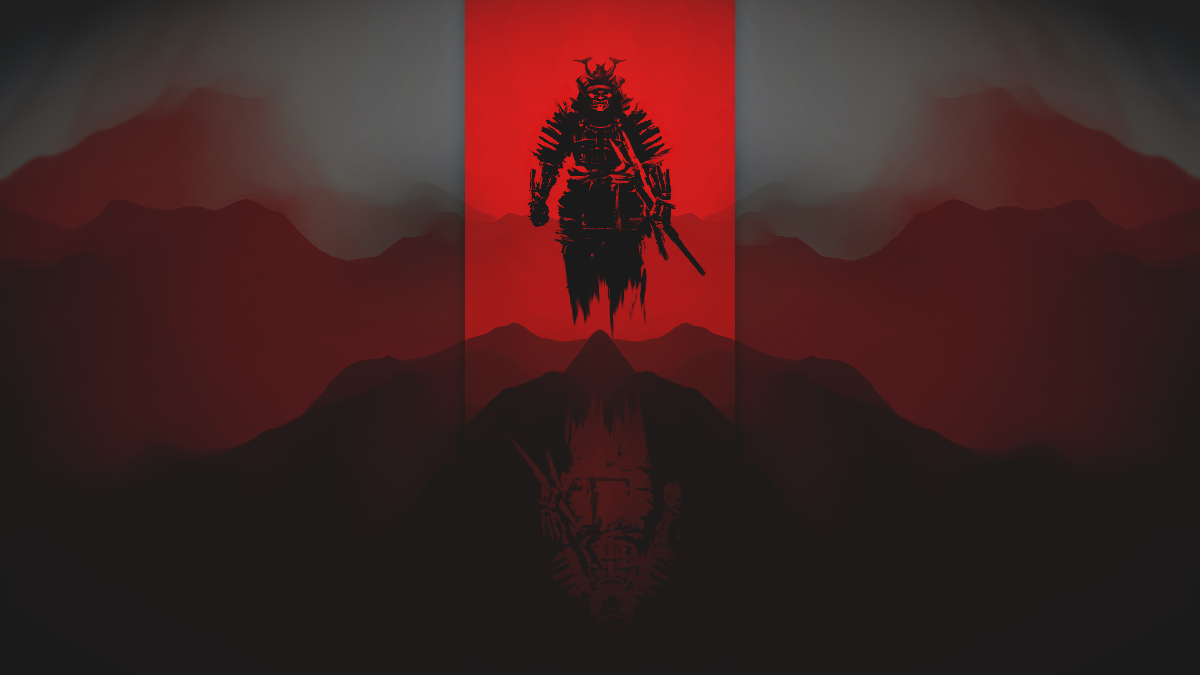 Samurai warrior silhouette with red abstract mountains HD Wallpaper