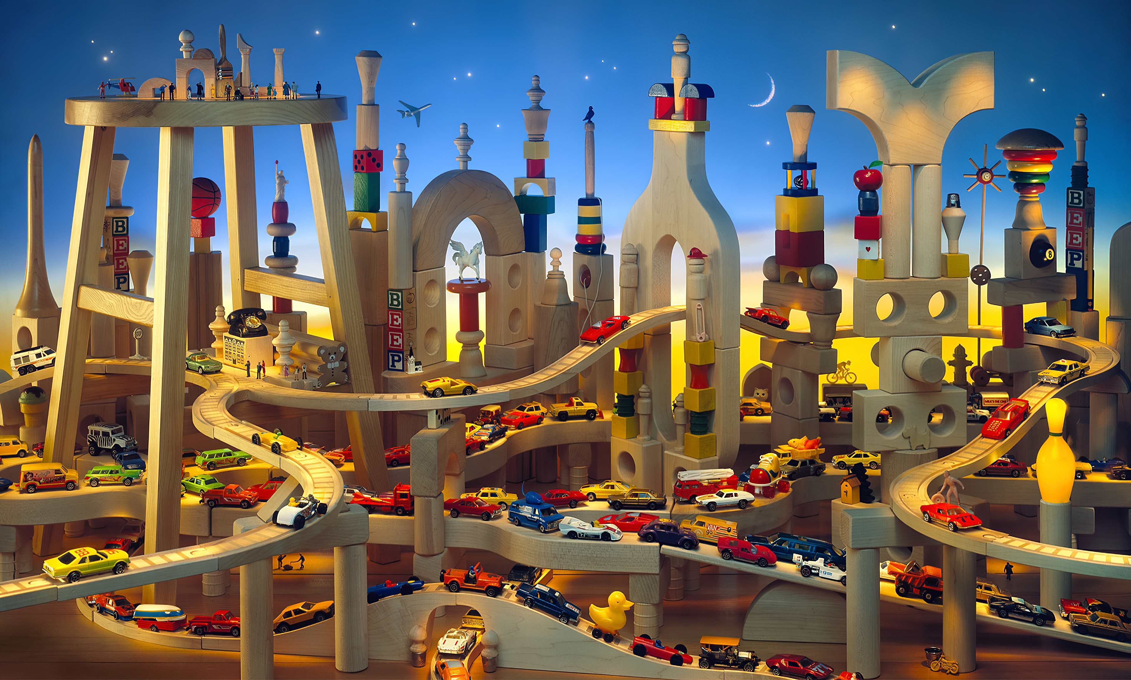 4K I Spy Toys Artwork with Miniature Vehicles and Wood Structures HD Wallpaper