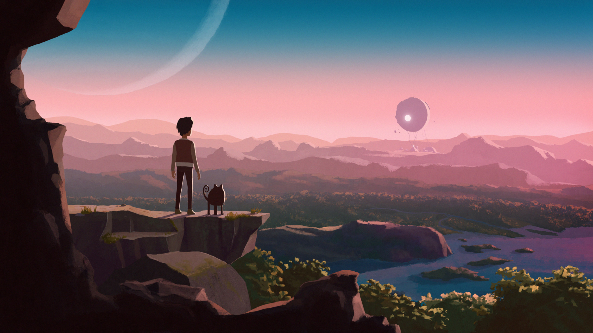 Planet Of Lana: A boy and his cat gaze at a strange world HD Wallpaper