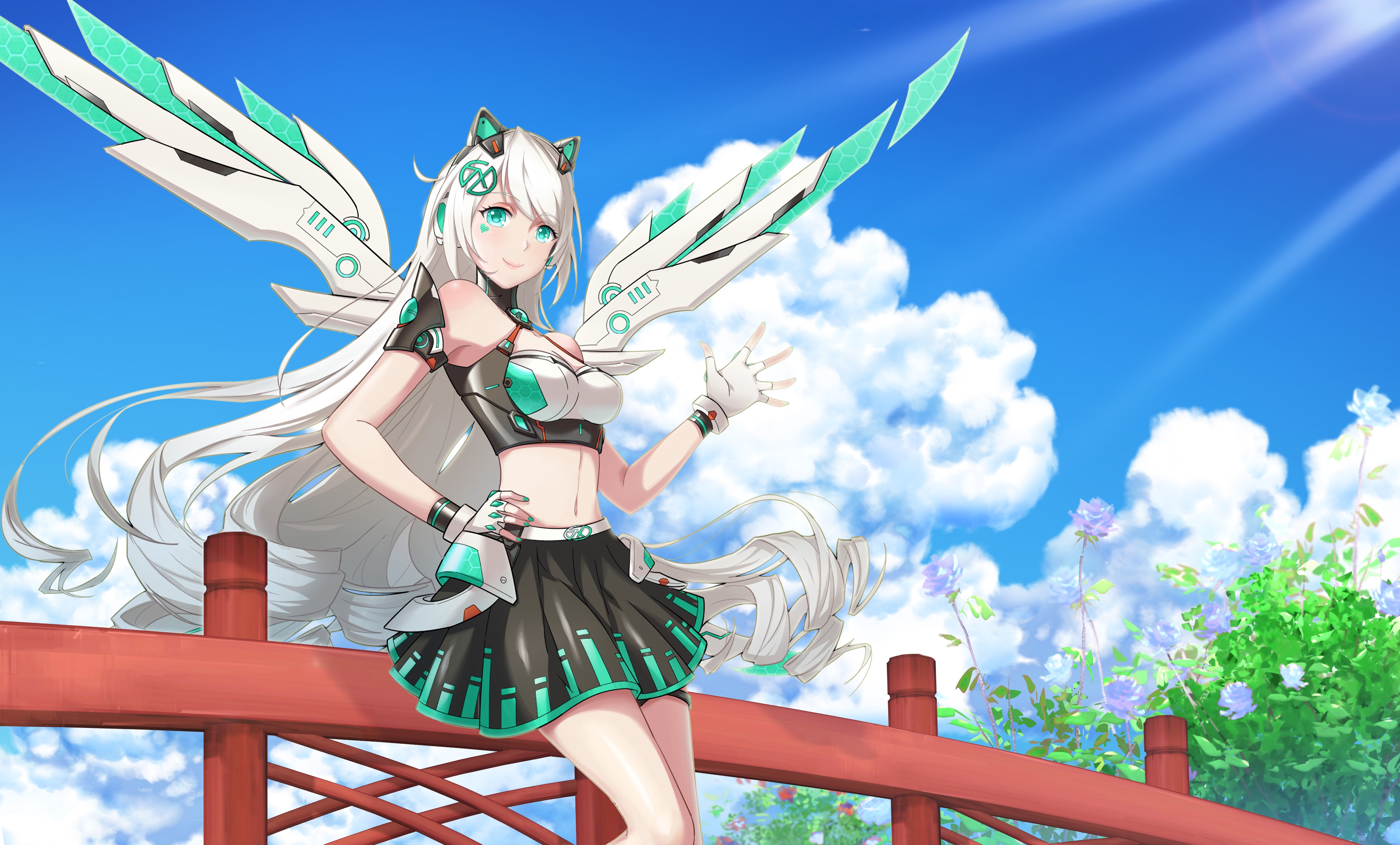 Anime girl with wings on a bridge HD Wallpaper