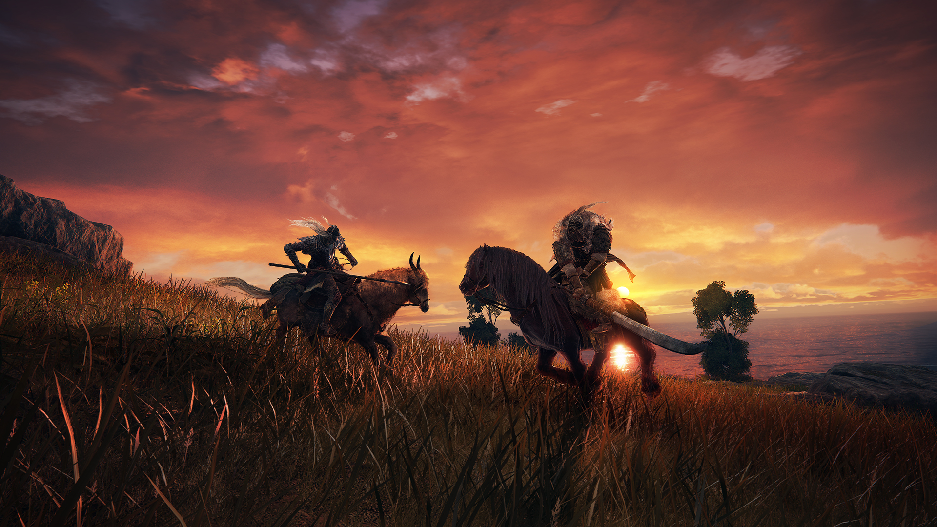 Elden Ring: Two Tarnished ride horses at sunset HD Wallpaper