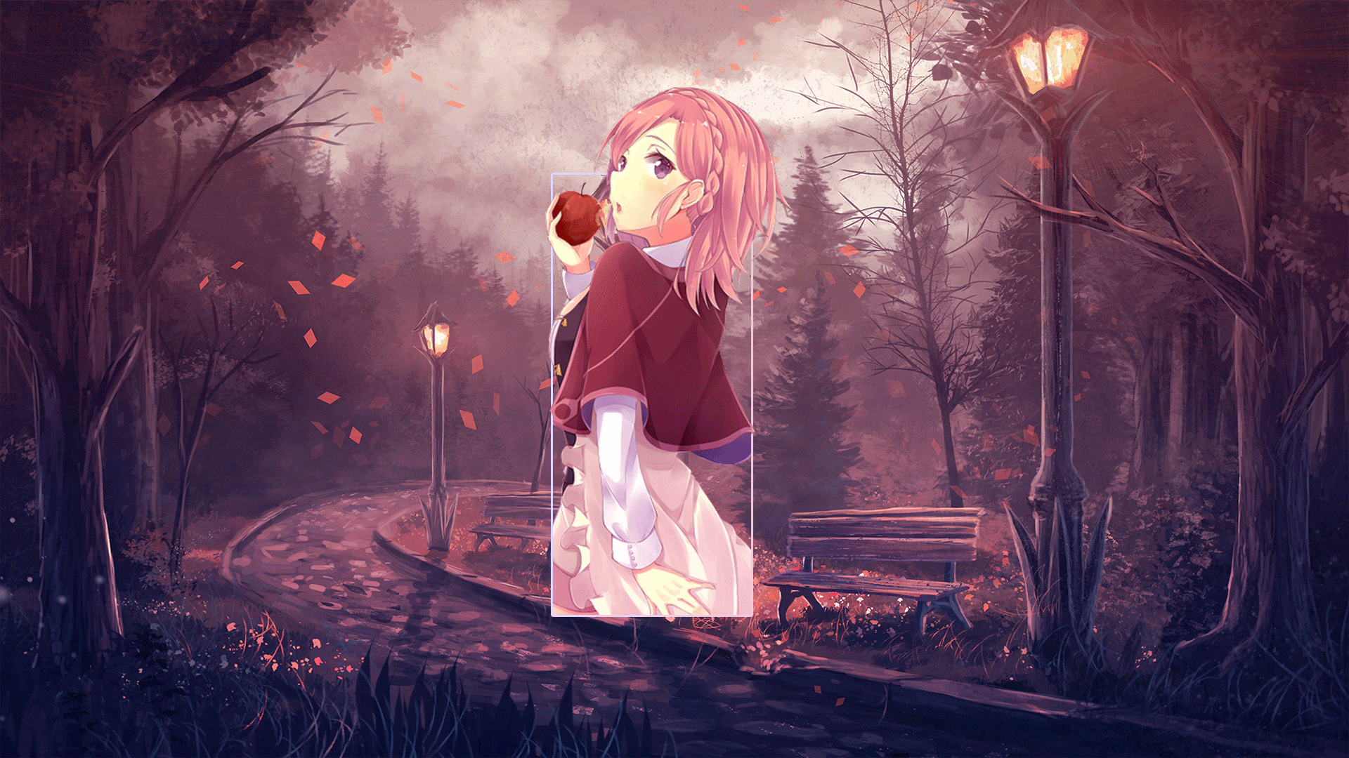 Anime girl with pink hair eating an apple in a park HD Wallpaper
