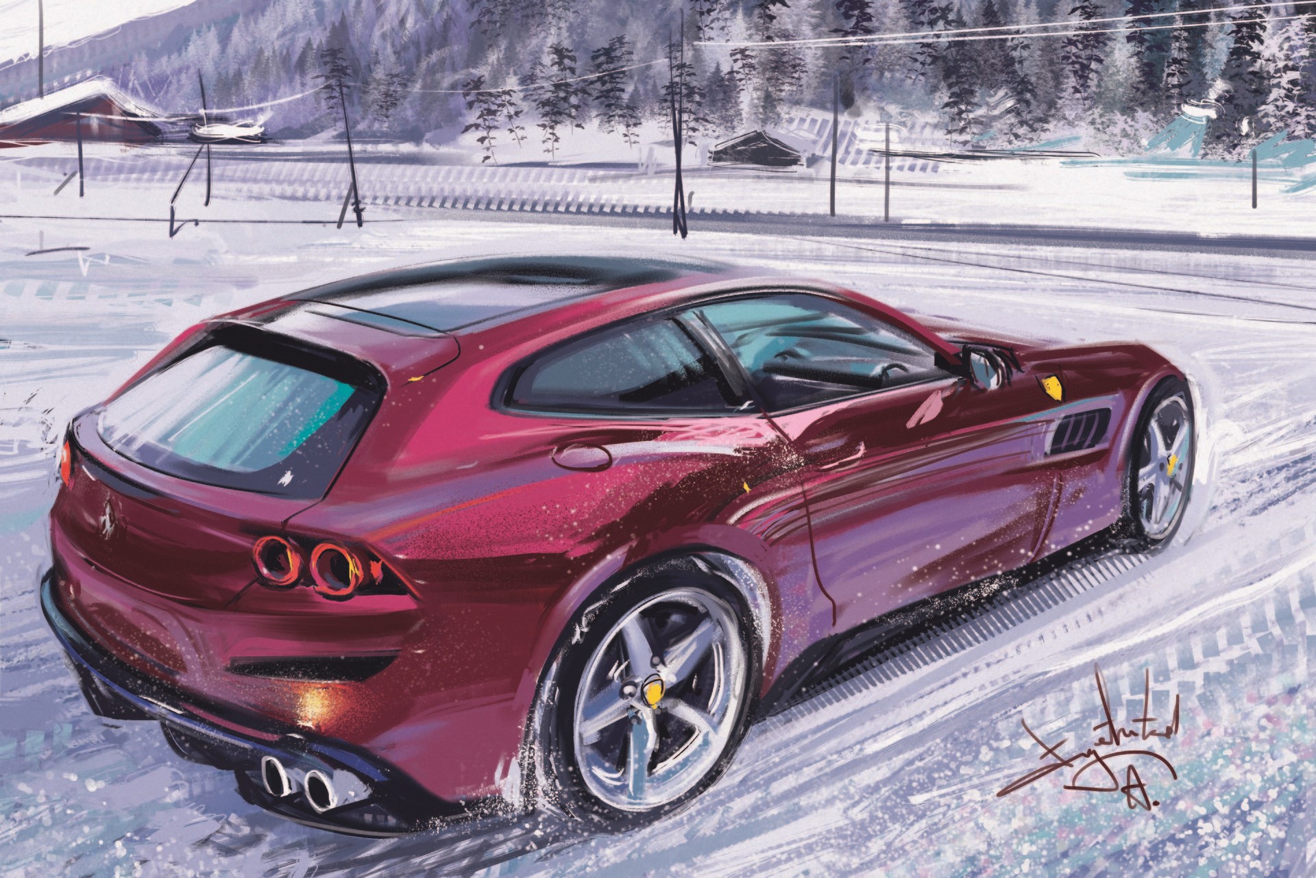 Ferrari GTC4Lusso in a Snowy Landscape by Aleksandr Sidelnikov HD Wallpaper