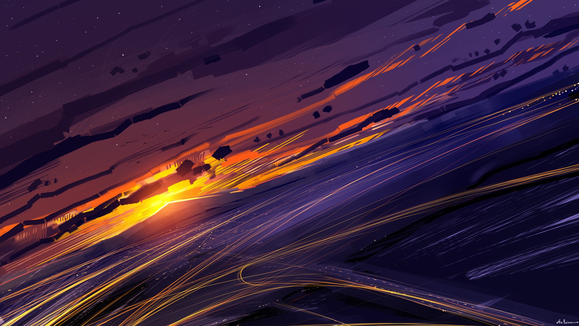 Digital art of a dramatic sunset with abstract clouds and light streaks HD Wallpaper