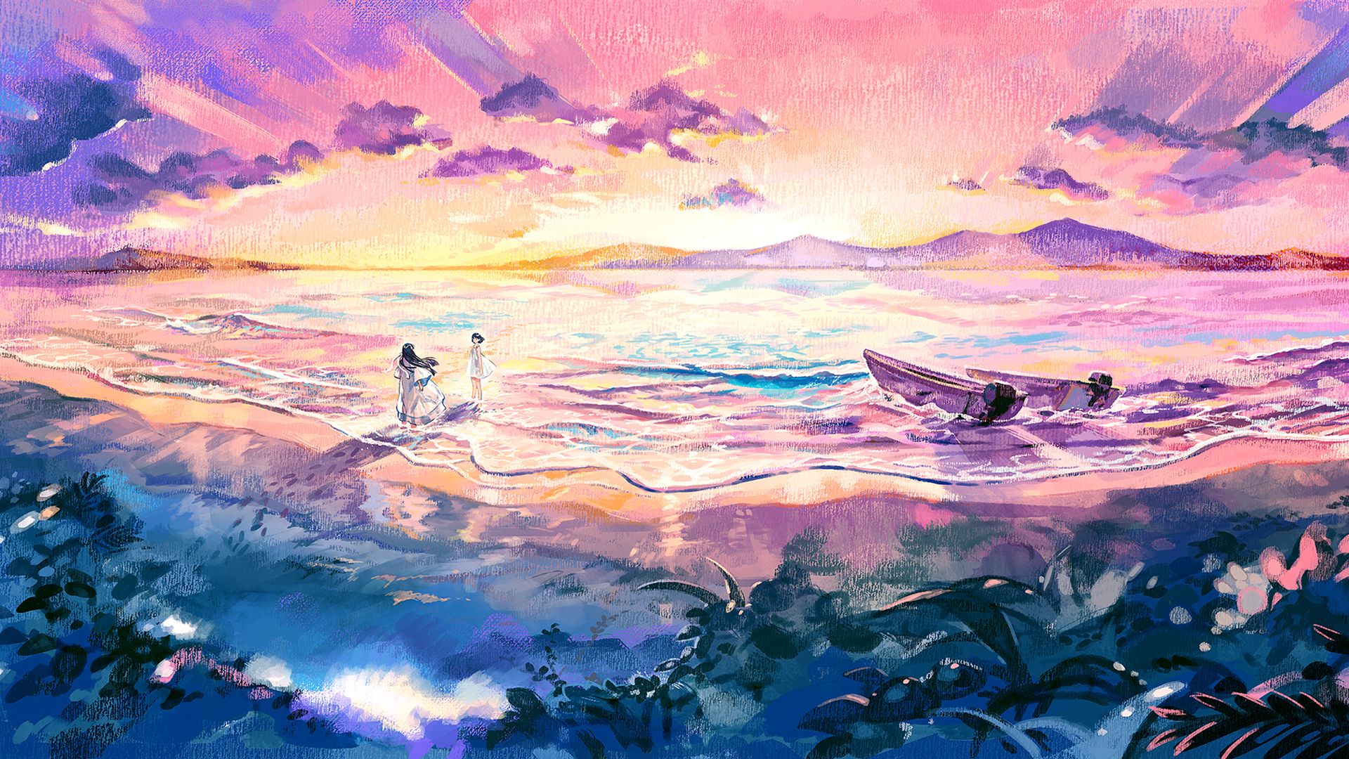 Two people on a beach at sunset with a boat HD Wallpaper