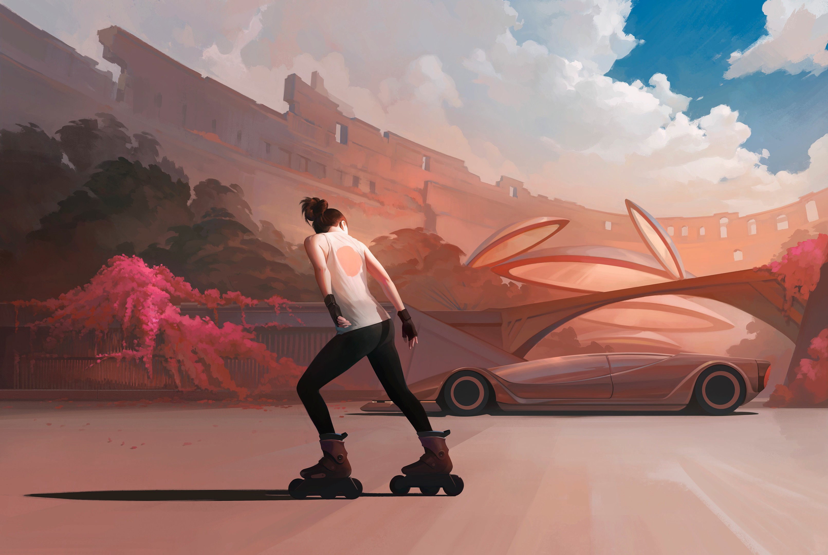 Woman on roller skates in front of futuristic architecture HD Wallpaper