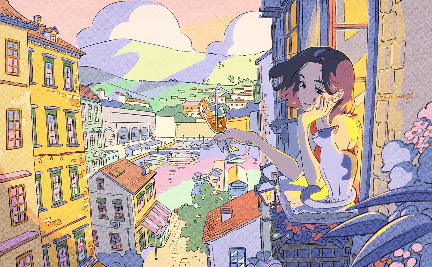 Anime girl and cat on balcony overlooking harbor HD Wallpaper