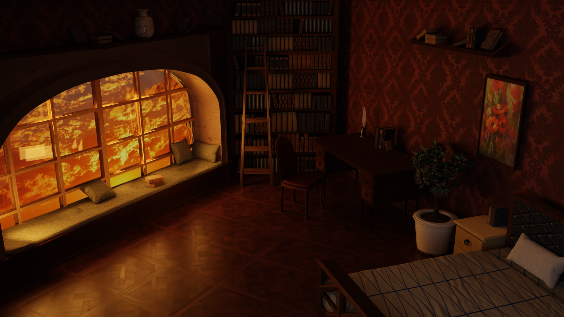 Cozy library room with a large window overlooking a sunset HD Wallpaper