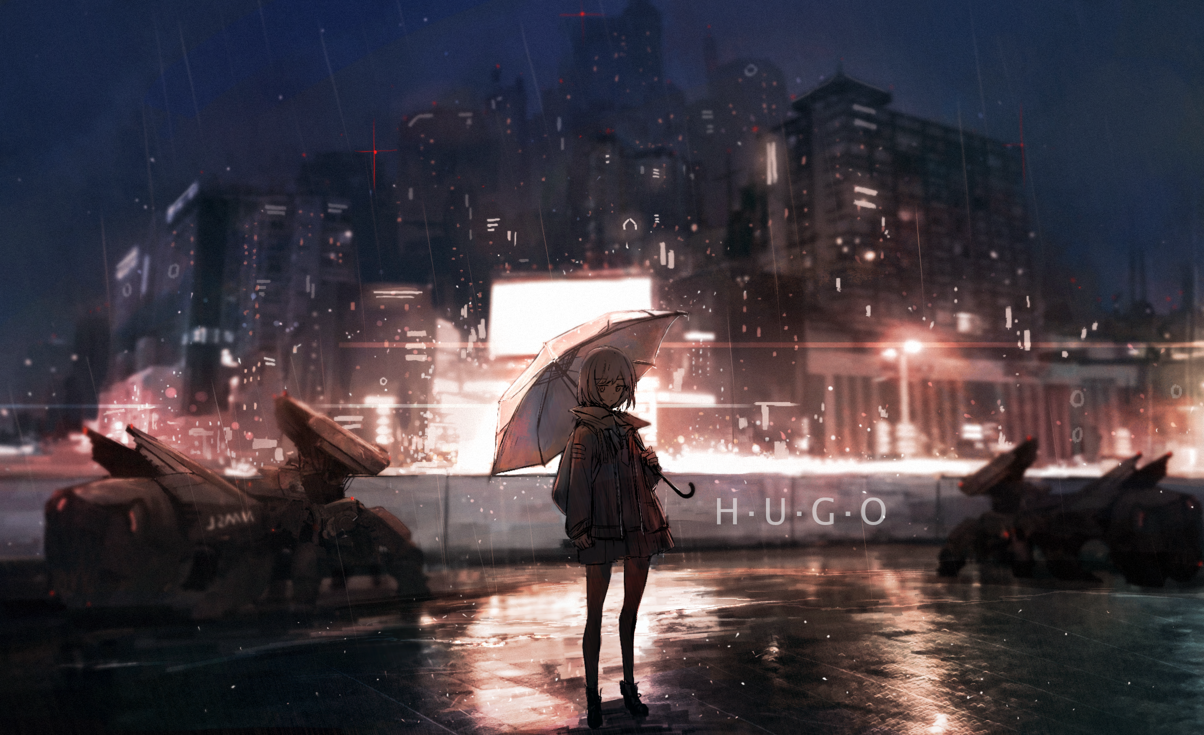 Anime girl with umbrella in rainy city with robots HD Wallpaper
