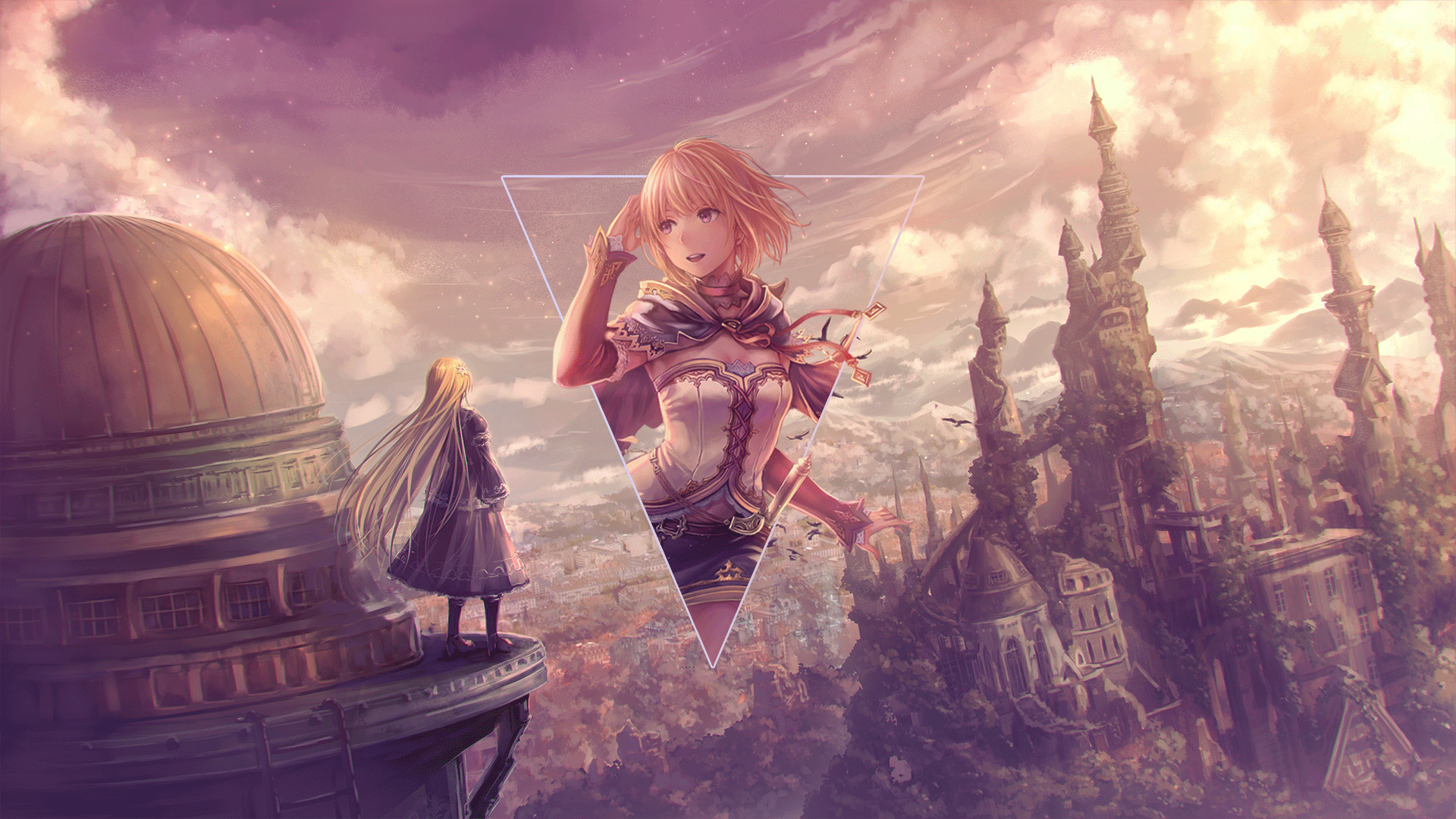 Anime girls in a fantasy city with a triangle overlay HD Wallpaper