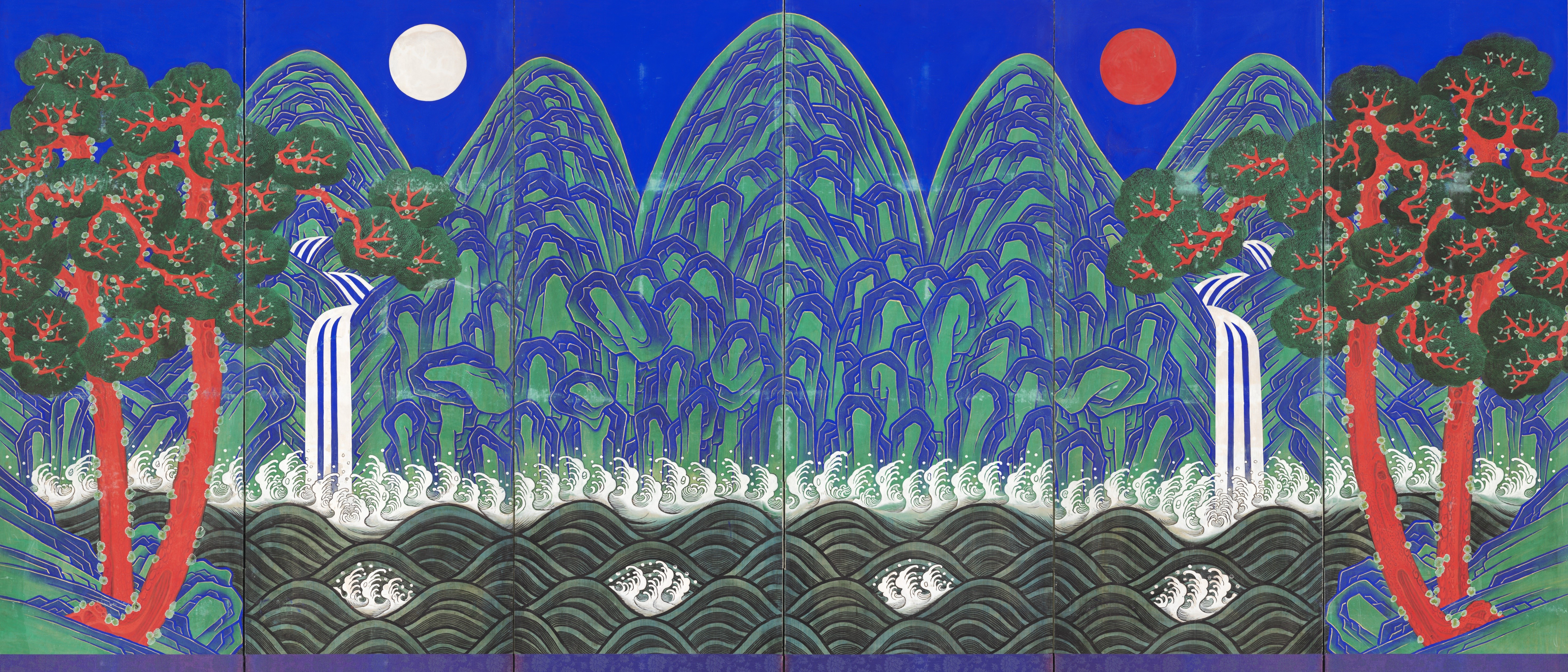 Korean folding screen painting of mountains, trees, and water HD Wallpaper