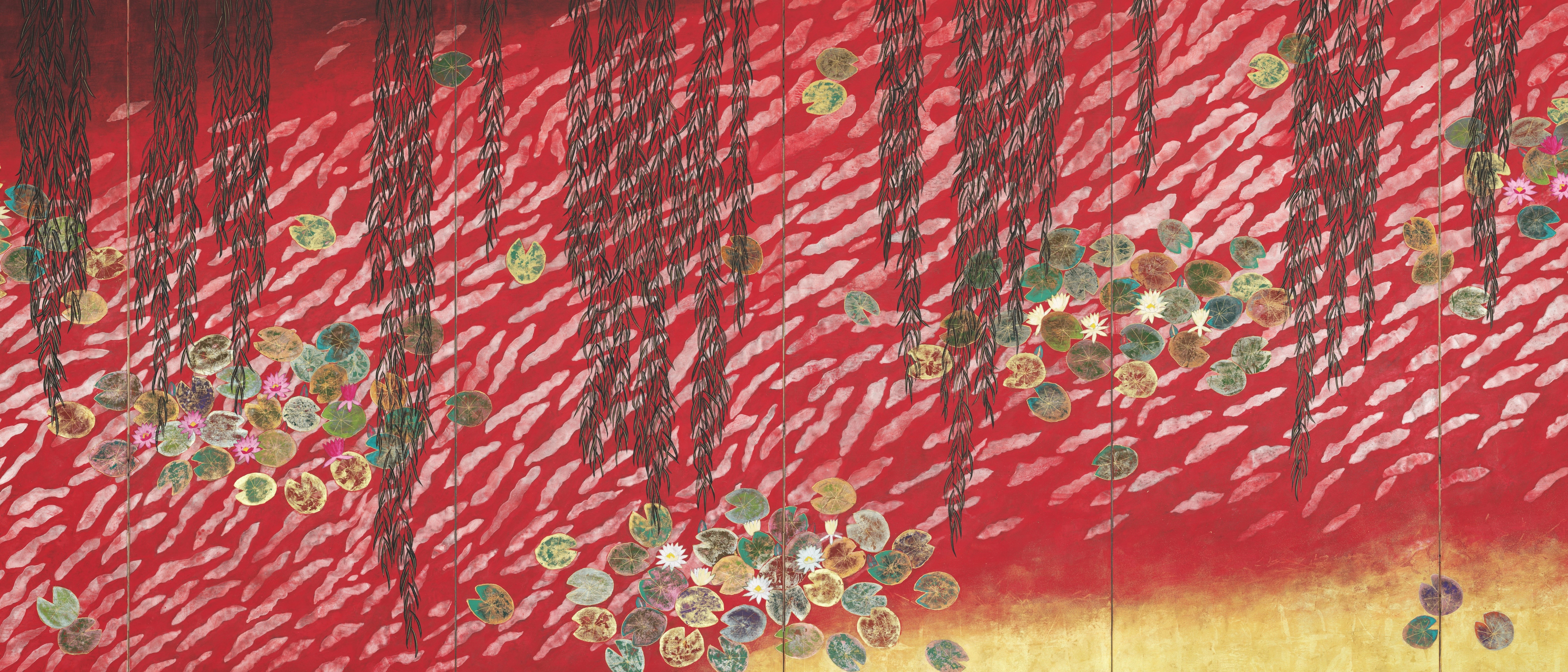 Folding screen with weeping willow and water lilies HD Wallpaper