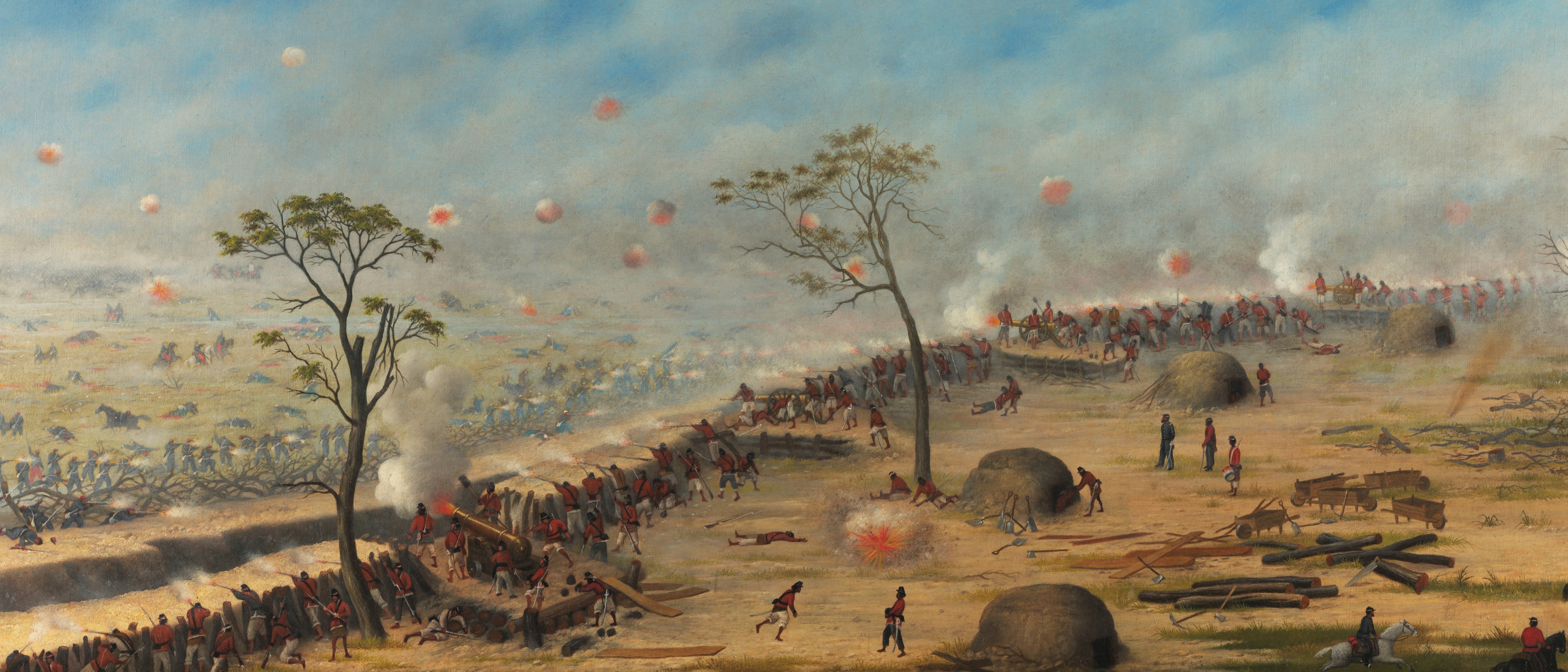 Battle scene with soldiers and cannons HD Wallpaper