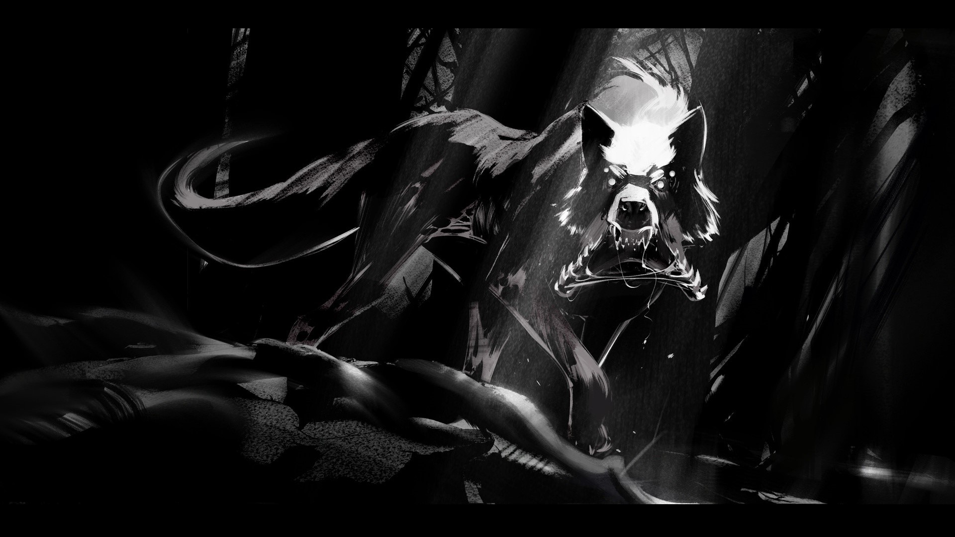 Monochrome fantasy art of a creature in a forest HD Wallpaper