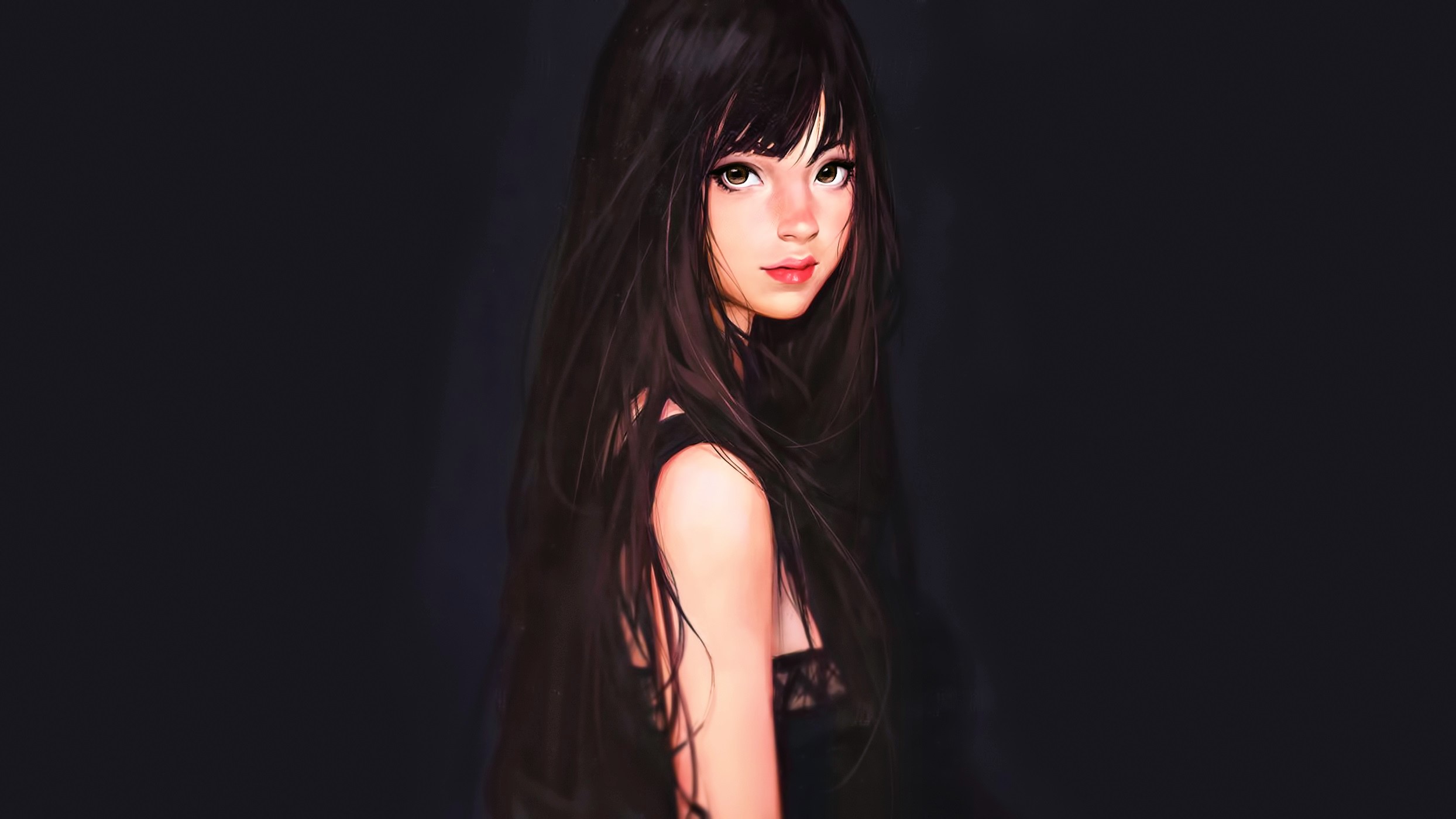 Digital painting of a woman with long dark hair HD Wallpaper