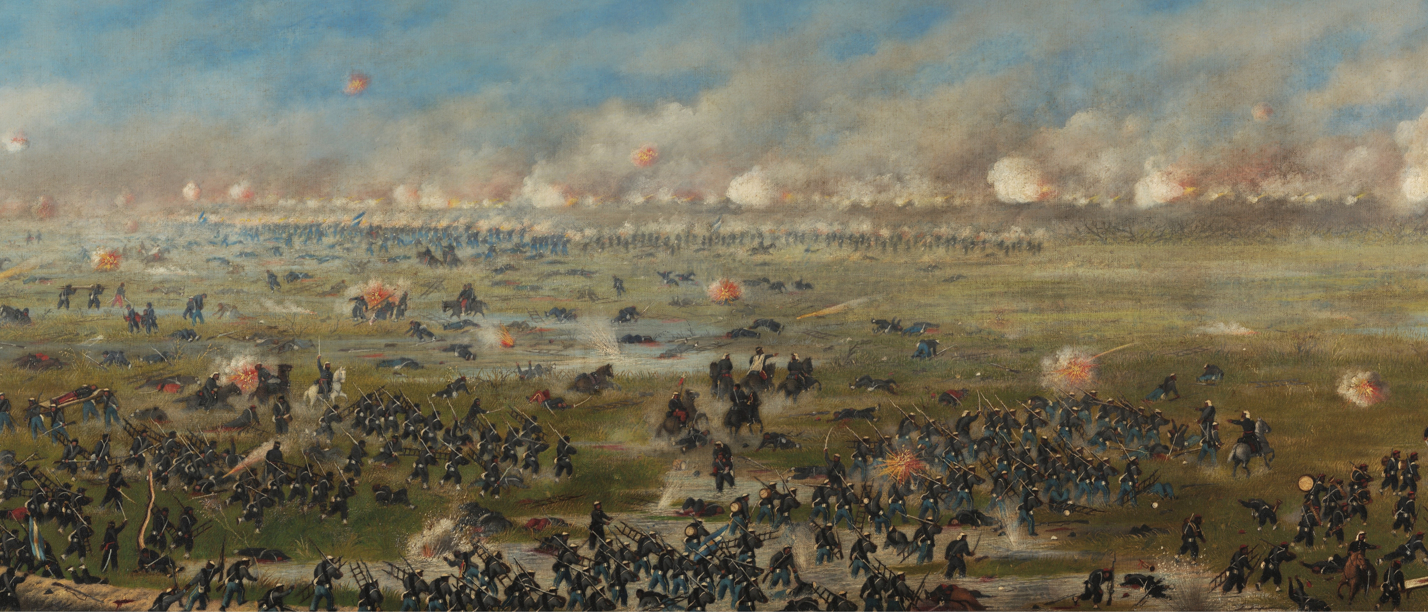 Battle scene painting with soldiers and explosions HD Wallpaper