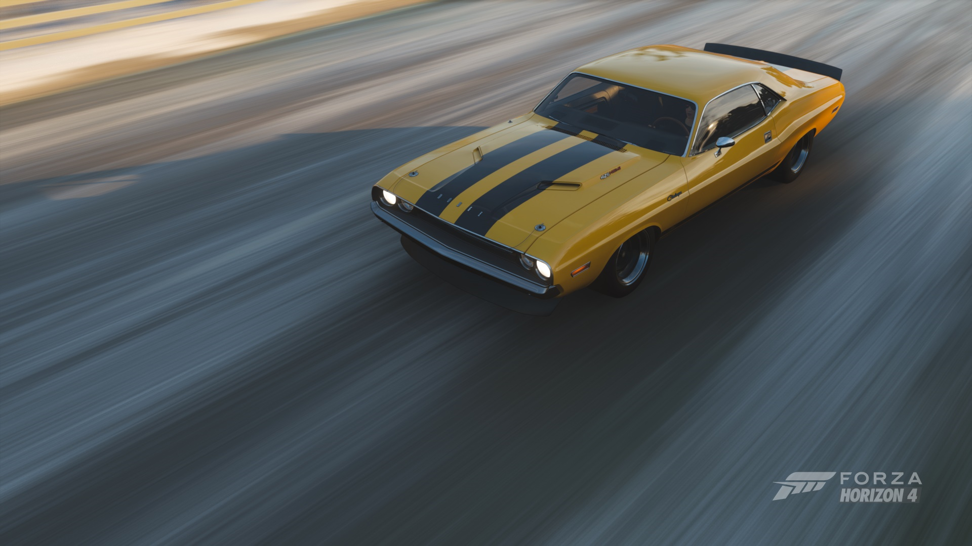 Yellow Dodge Challenger with black stripes in Forza Horizon 4 HD Wallpaper