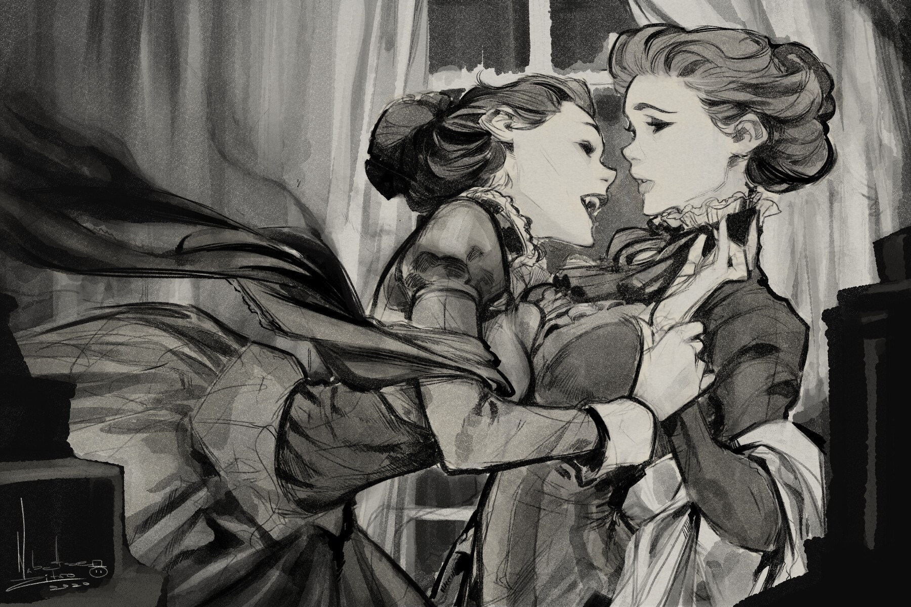 Two women, one appearing as a vampire, in a monochrome drawing HD Wallpaper