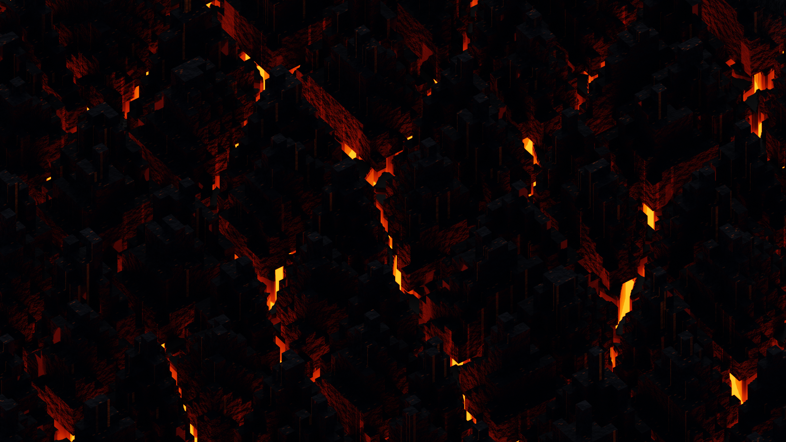 3D abstract render of dark blocks with glowing lava HD Wallpaper