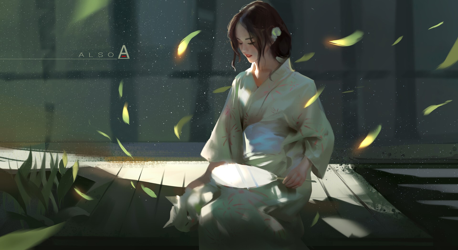 Woman in Kimono with Cat and Falling Leaves HD Wallpaper