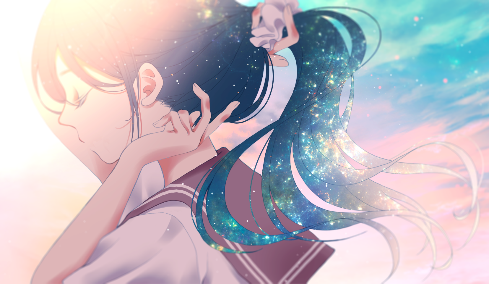 Anime girl with blue hair in a school uniform against a starry sky HD Wallpaper