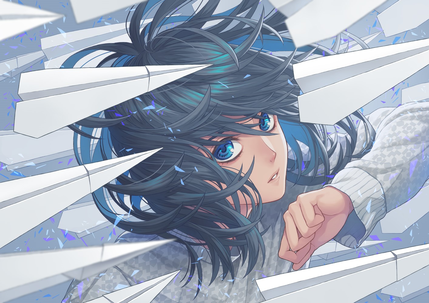Anime girl with short black hair and blue eyes surrounded by paper planes HD Wallpaper