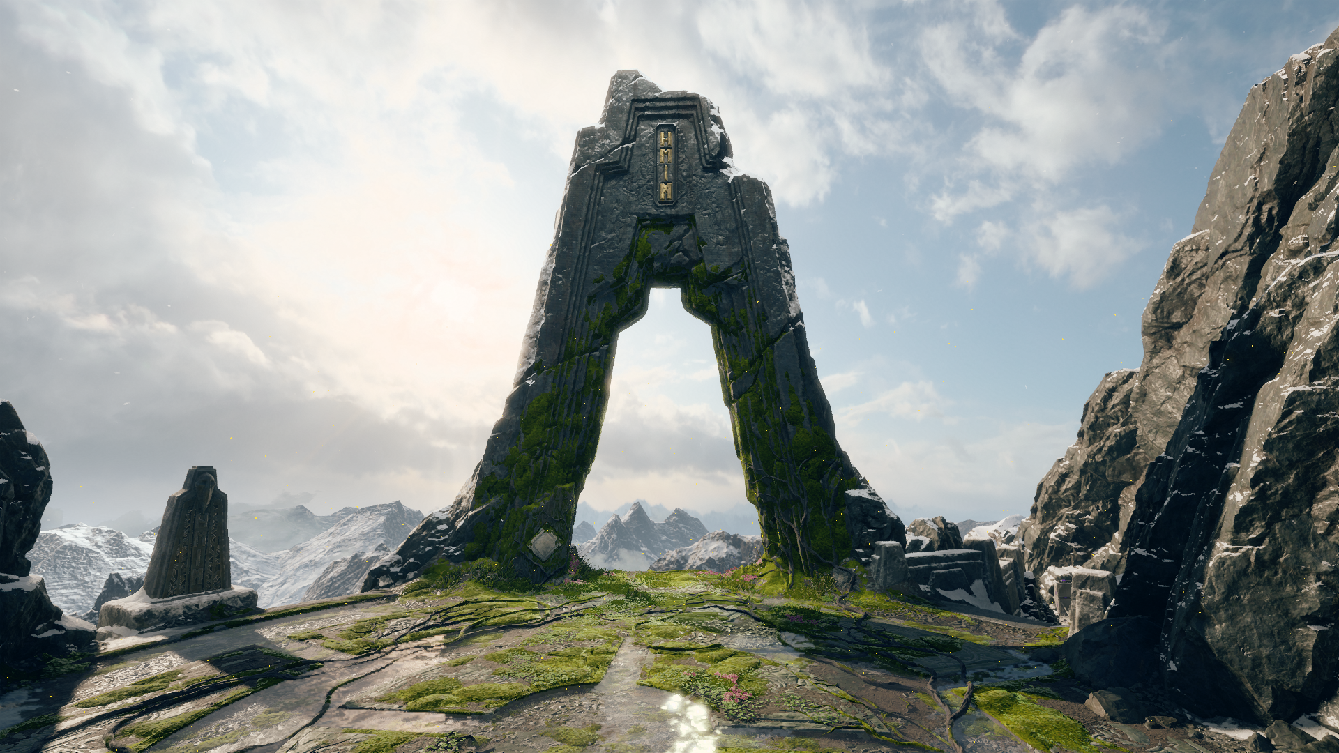 God of War (2018) ancient stone archway in mountains HD Wallpaper