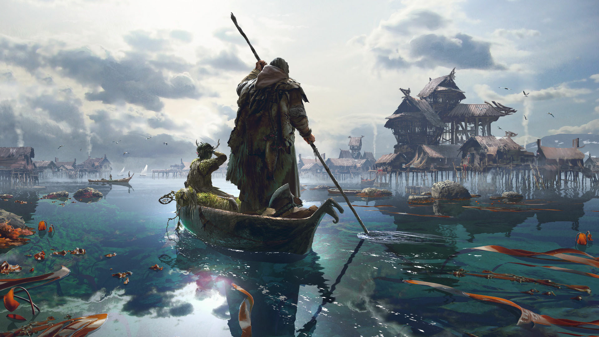 Man in boat with spear in fantasy village HD Wallpaper