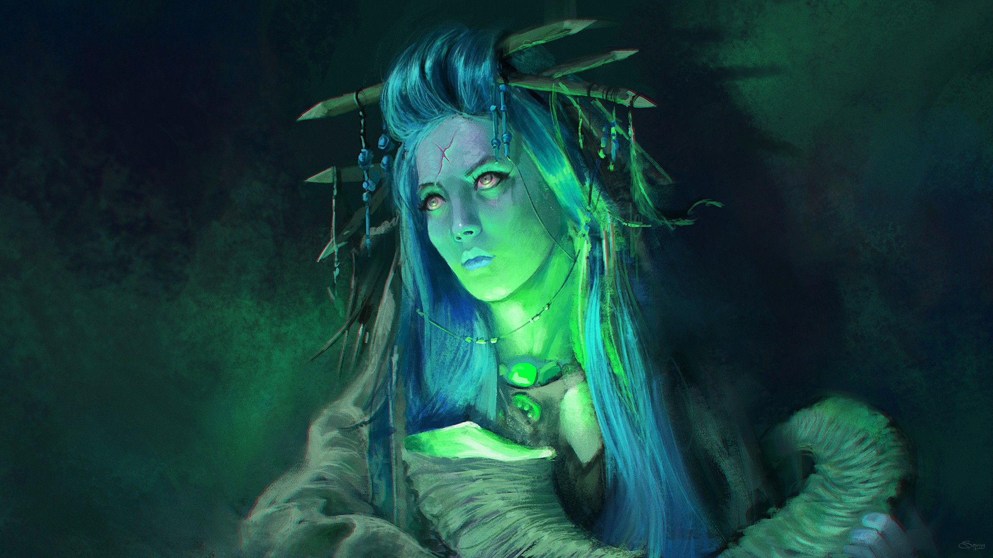 Fantasy woman with blue hair and green glow HD Wallpaper