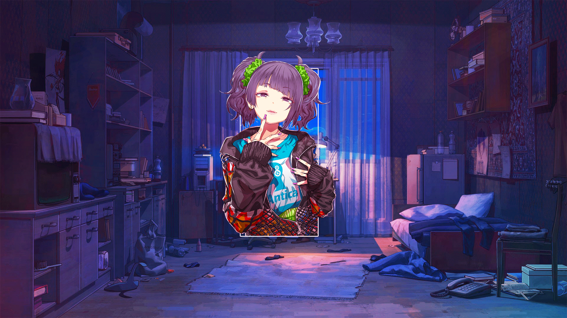Anime girl with purple hair in a messy room HD Wallpaper