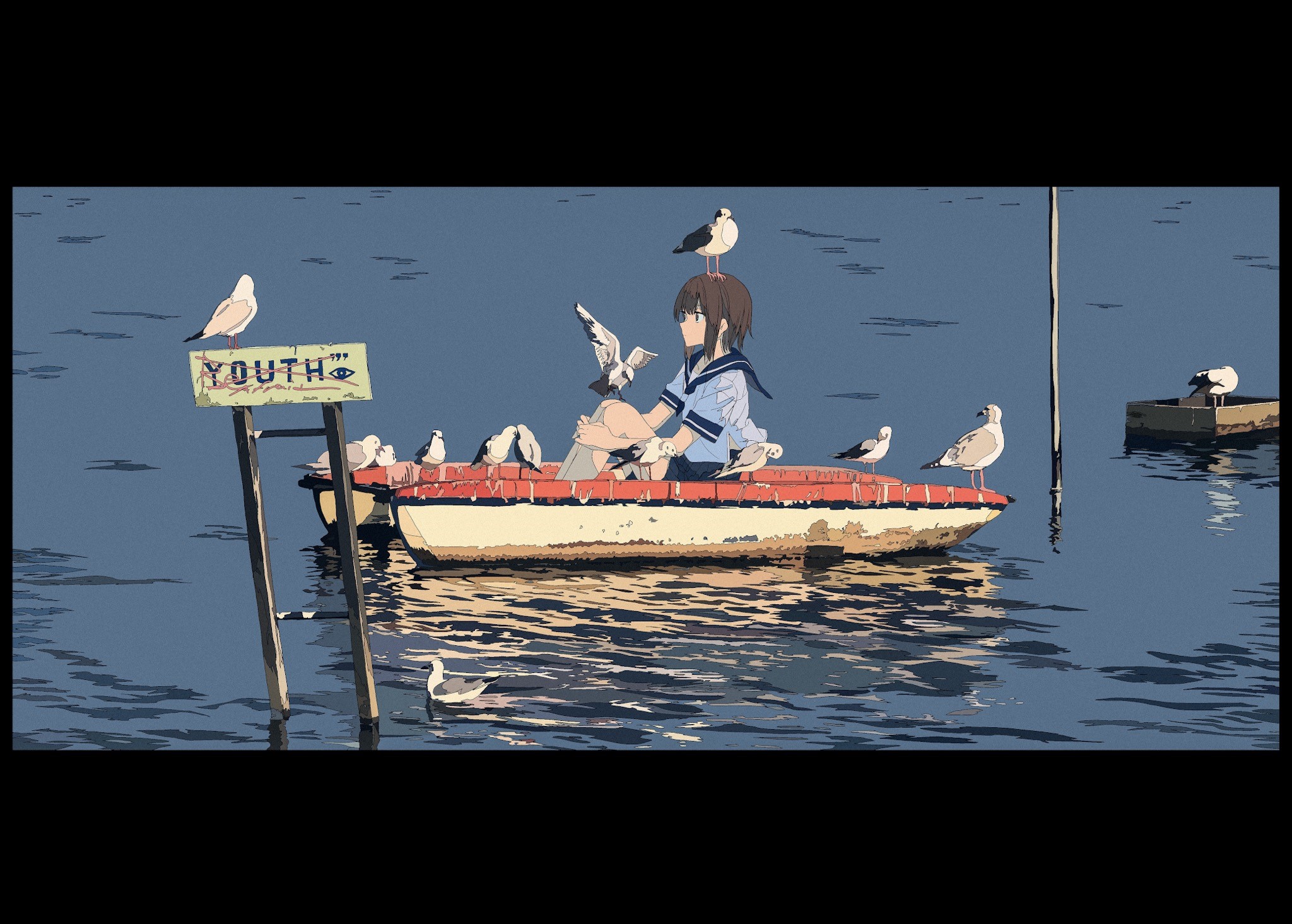 Anime girl in school uniform on a boat with seagulls HD Wallpaper