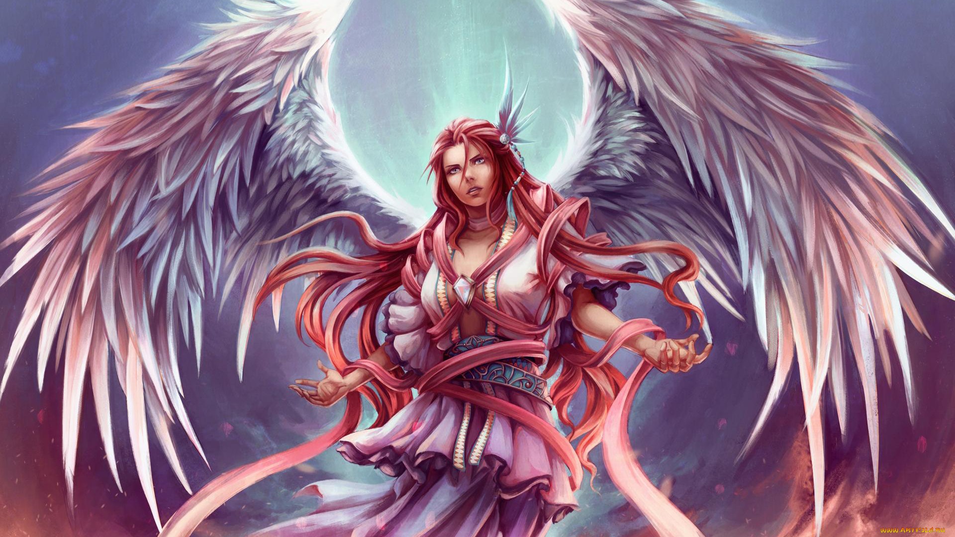 Fantasy artwork of a redhead angel with large wings HD Wallpaper