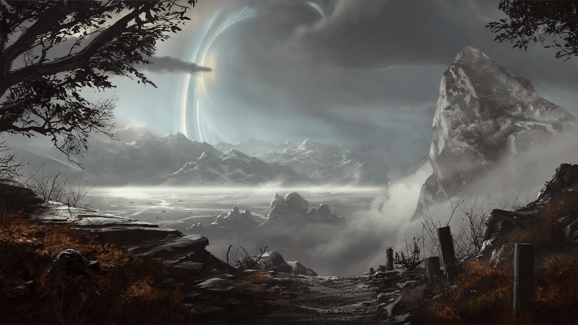Halo landscape with a ring world in the sky HD Wallpaper