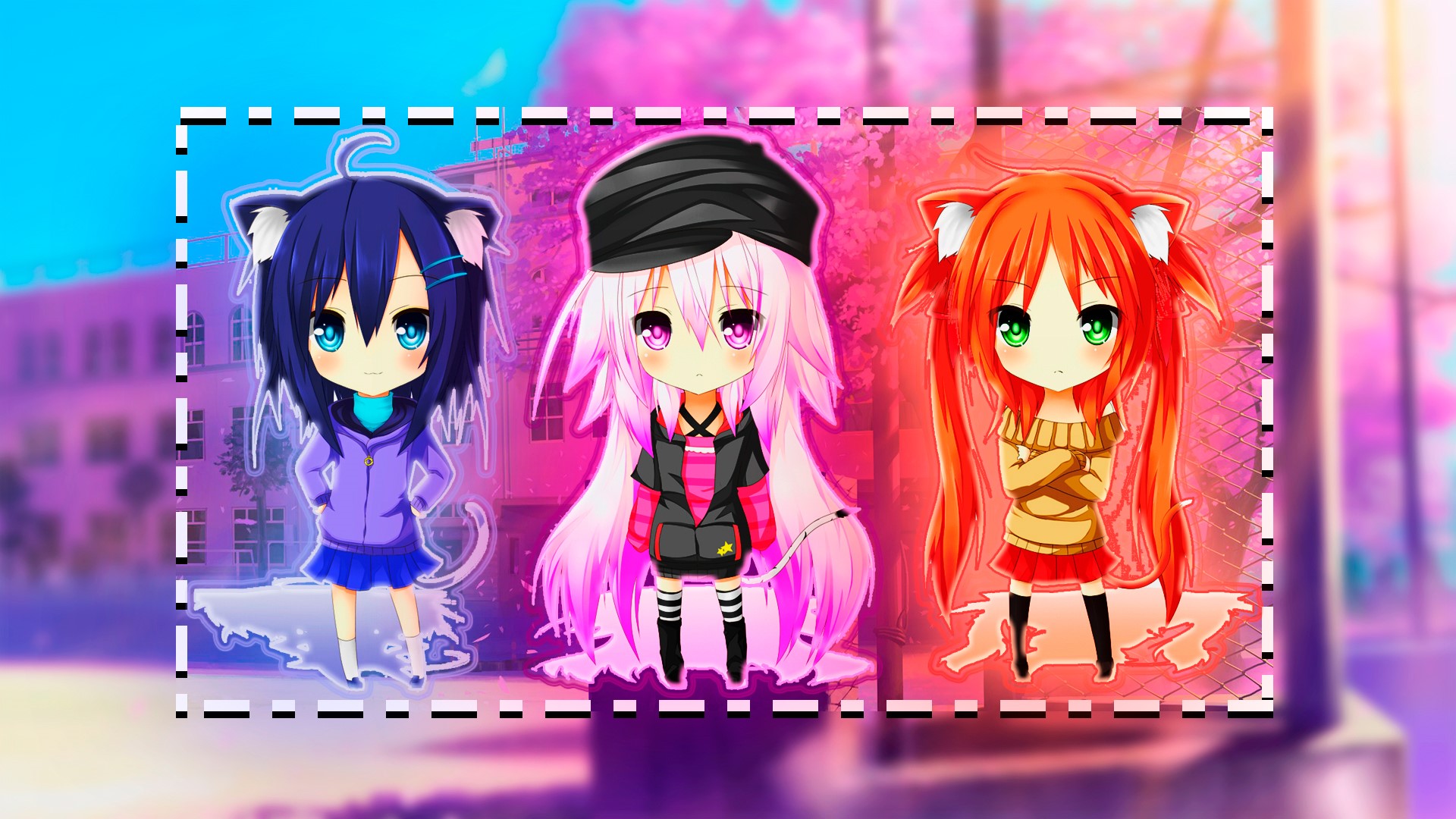 Three anime girls with animal ears in colorful outfits HD Wallpaper