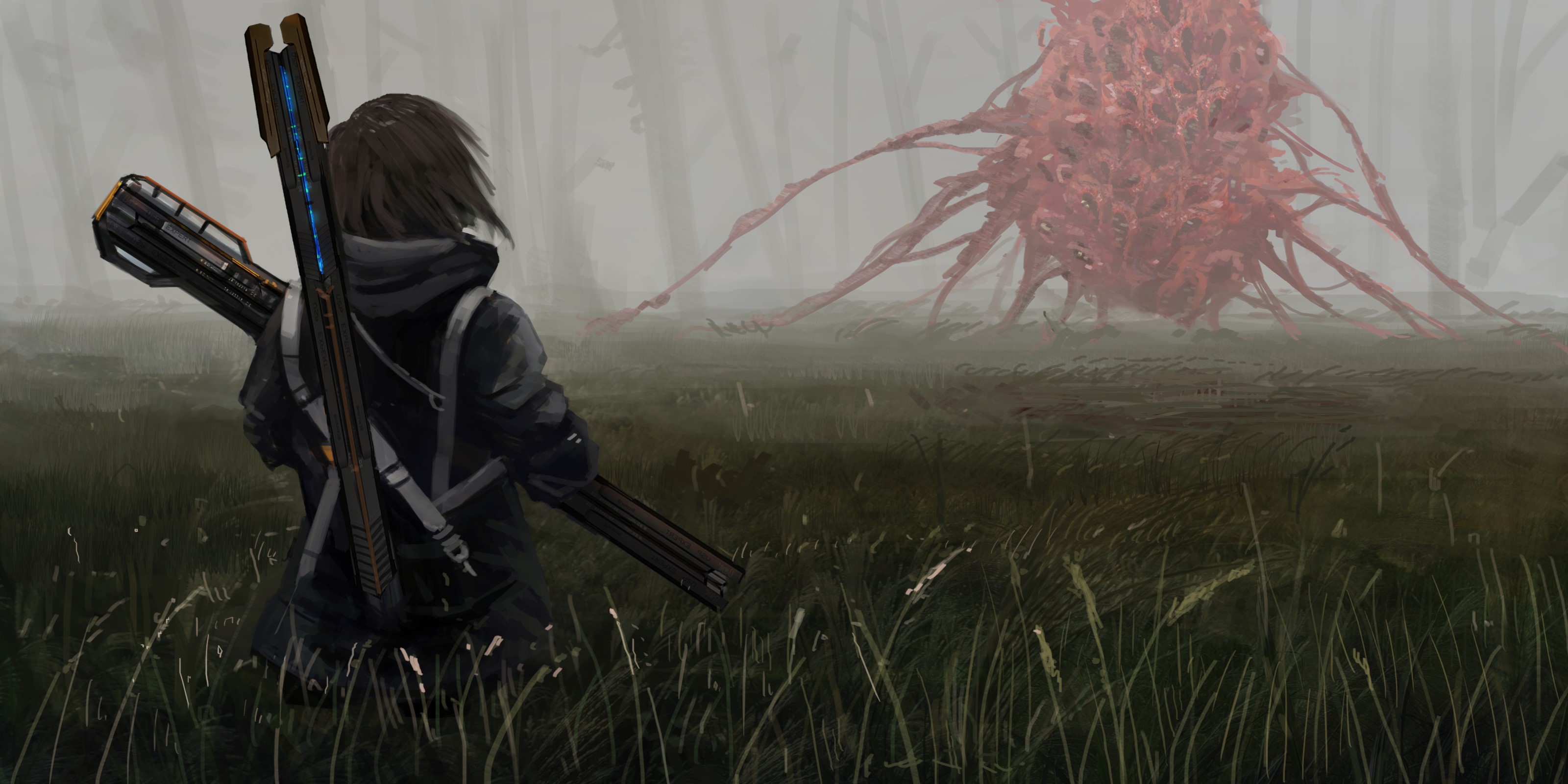 Girl with rifle facing a fleshy monster in a foggy field HD Wallpaper