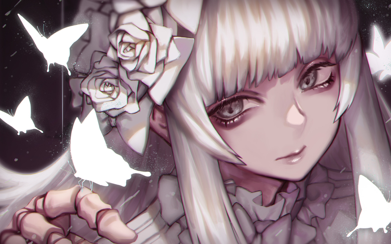 Anime girl with white hair and gray eyes with butterflies HD Wallpaper