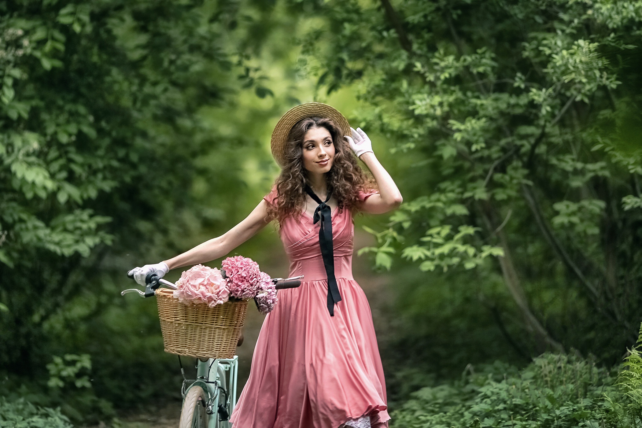 Woman in Pink Dress with Vintage Bicycle HD Wallpaper